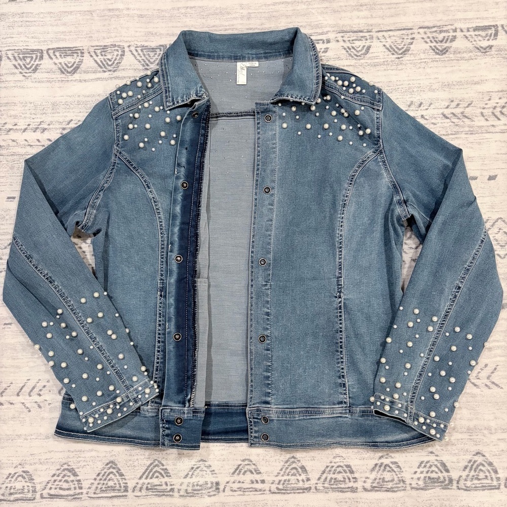 Glam Vintage Pearl Chic Denim Jean Stretchy Jacket Feminine Western Y2K Large - Picture 7 of 15